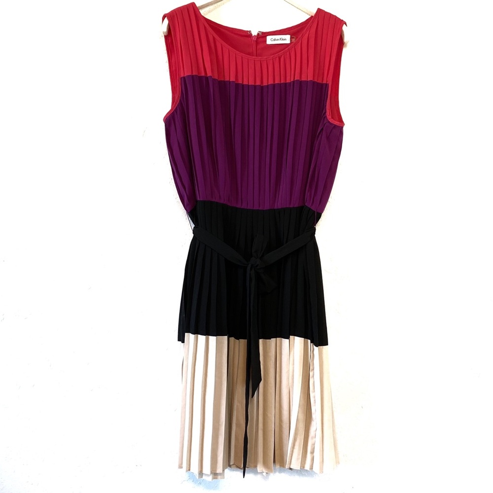 Calvin Klein Color Block Pleated Tie Sash Dress 8